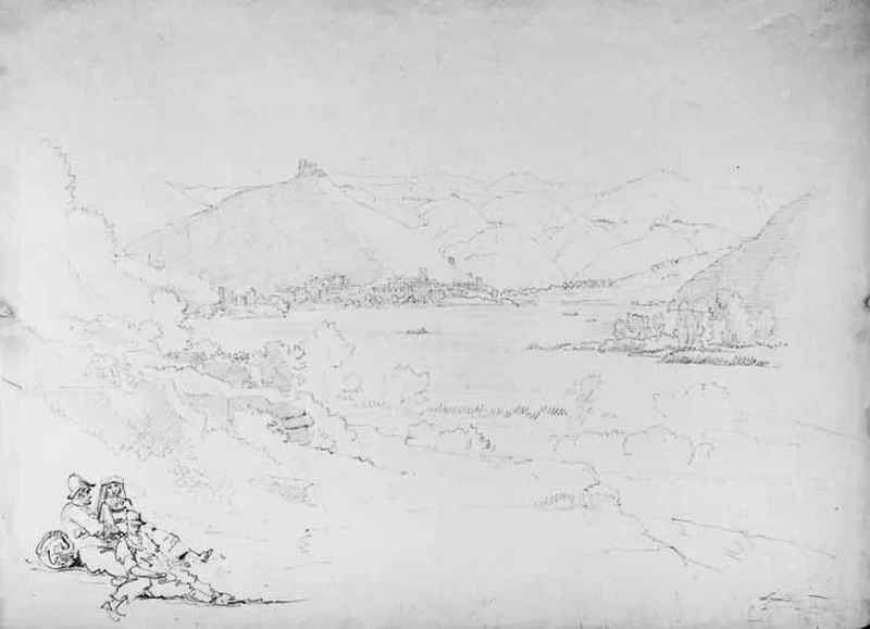 Luigi Basiletti-91-Veduta di lago con paese, castello e tre figure